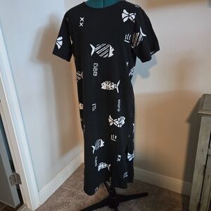 C.C. Collection Midi Dress Women Large Black White Fish Tribal Pattern Cotton